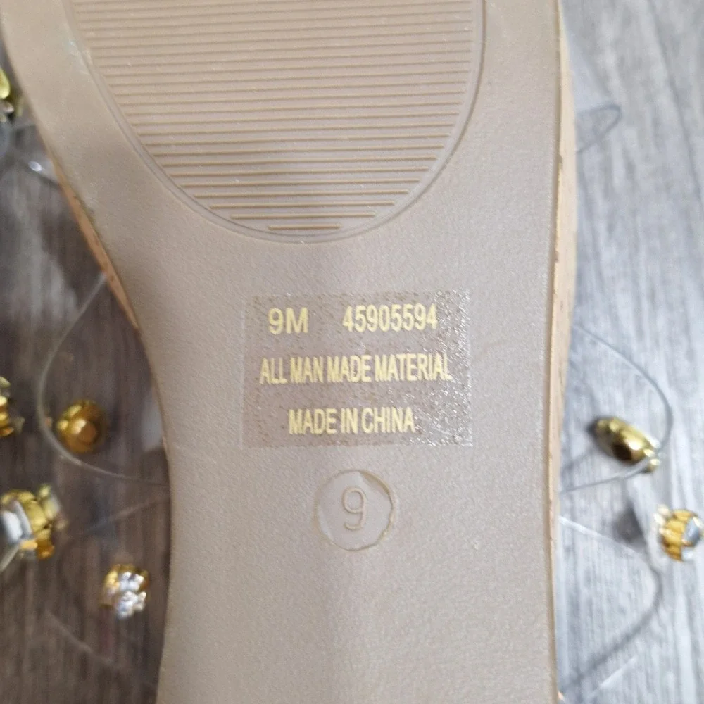 Comfort Women's Size 9M Tan Clear PVC Straps Rhinestones Cork Wedge Sandals